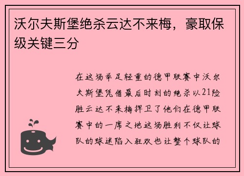 沃尔夫斯堡绝杀云达不来梅，豪取保级关键三分